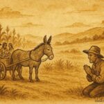Parchment-style illustration of a clever donkey aiding villagers, Mexican rural folktale scene.