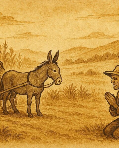 Parchment-style illustration of a clever donkey aiding villagers, Mexican rural folktale scene.