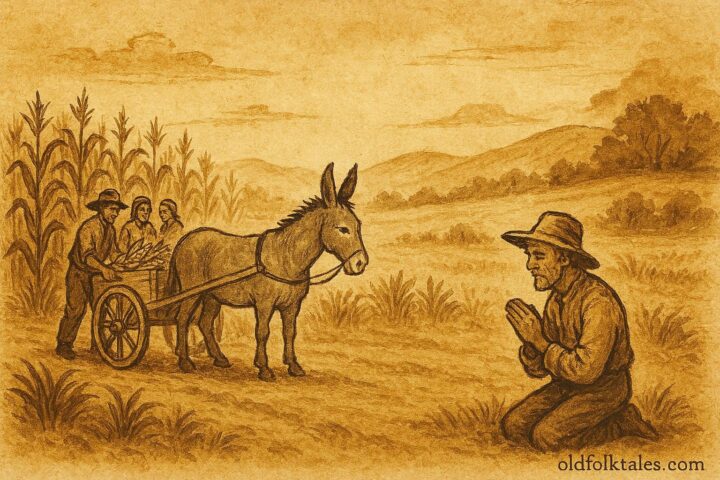 Parchment-style illustration of a clever donkey aiding villagers, Mexican rural folktale scene.