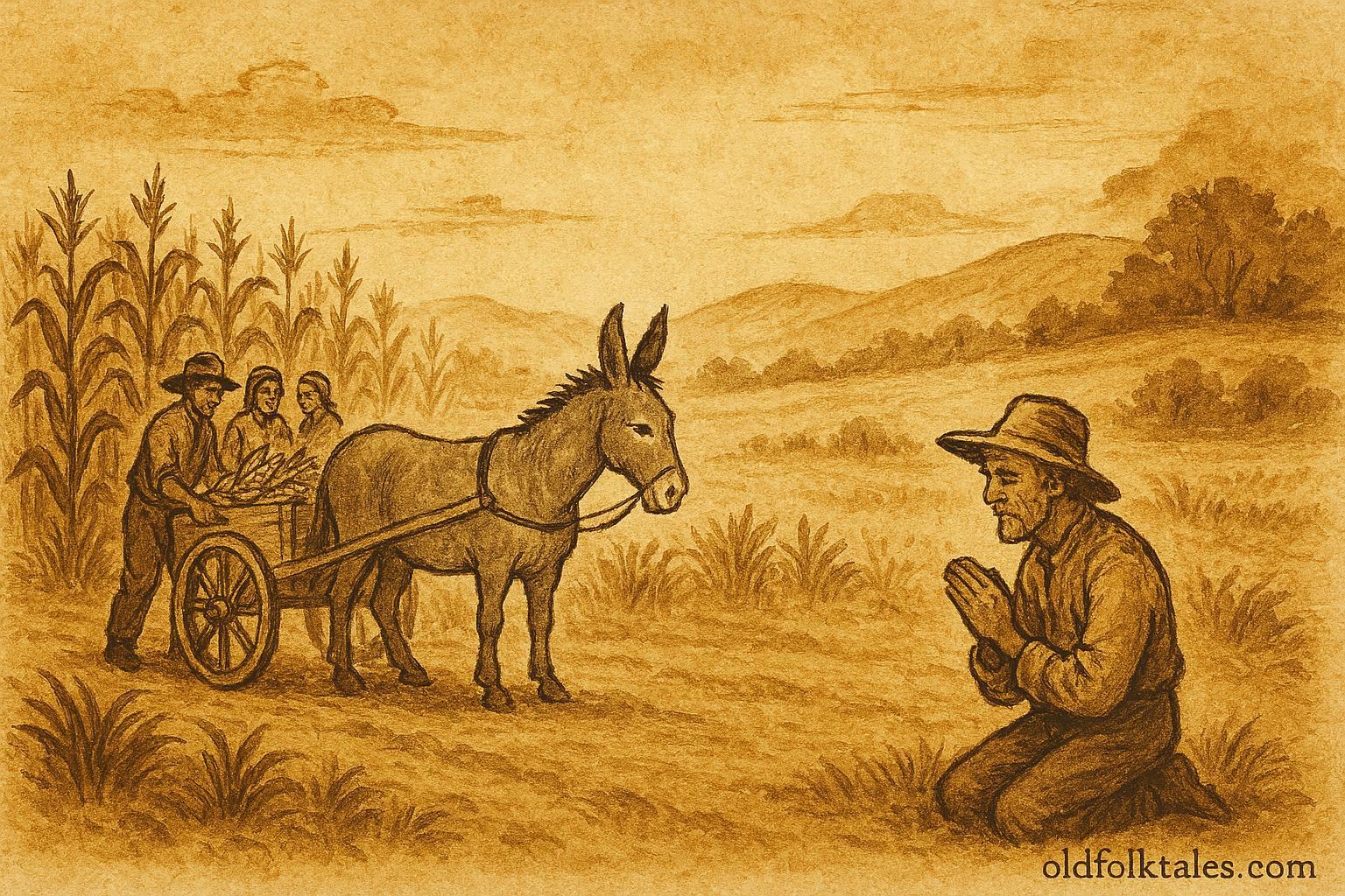Parchment-style illustration of a clever donkey aiding villagers, Mexican rural folktale scene.