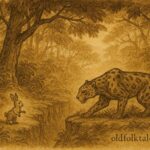 Parchment-style illustration of a clever rabbit tricking a jaguar in a dense Mayan jungle, Mexico.