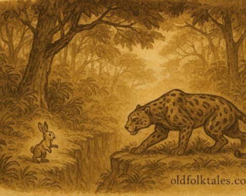 Parchment-style illustration of a clever rabbit tricking a jaguar in a dense Mayan jungle, Mexico.