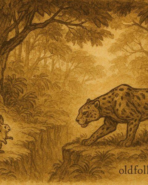Parchment-style illustration of a clever rabbit tricking a jaguar in a dense Mayan jungle, Mexico.