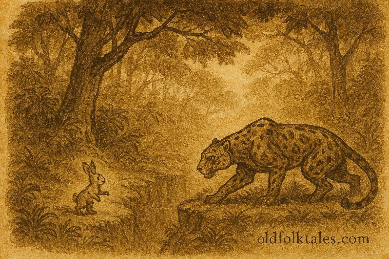 Parchment-style illustration of a clever rabbit tricking a jaguar in a dense Mayan jungle, Mexico.