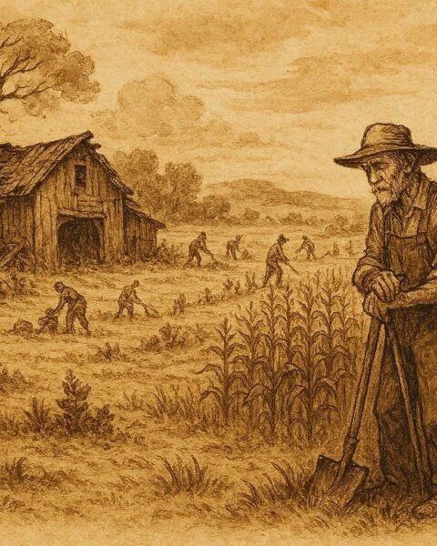 Parchment-style illustration of a lazy farmer beside barren fields, Mexican rural folktale.