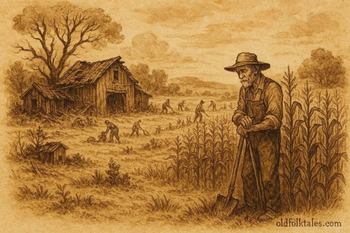 Parchment-style illustration of a lazy farmer beside barren fields, Mexican rural folktale.