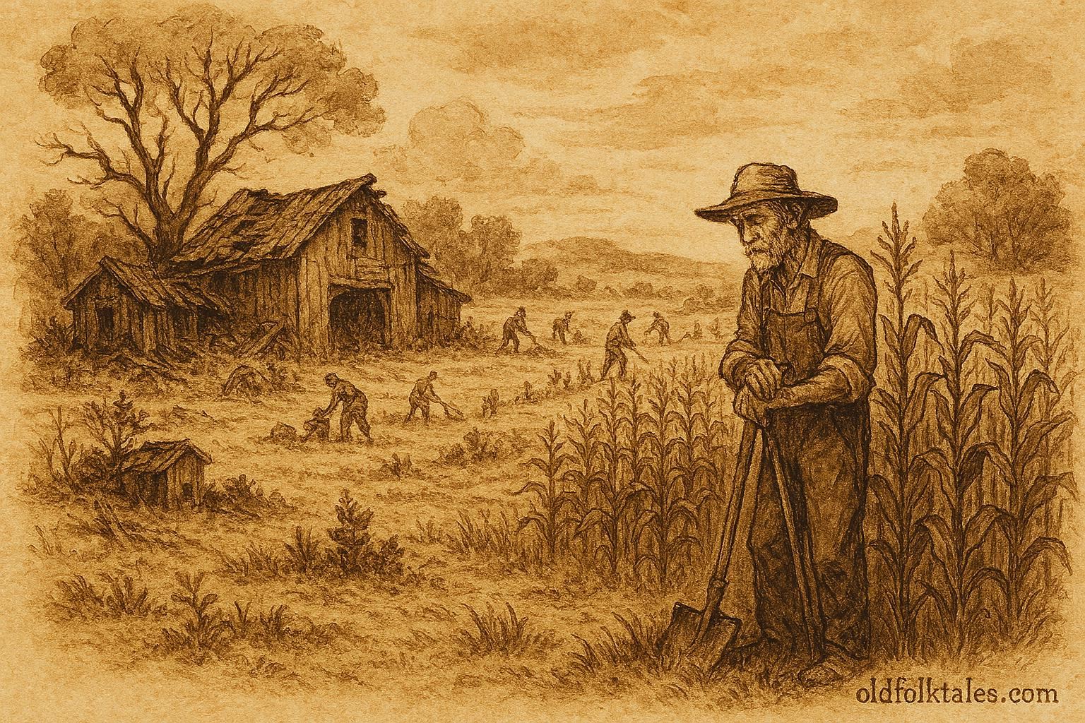 Parchment-style illustration of a lazy farmer beside barren fields, Mexican rural folktale.