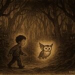 Parchment-style illustration of Diego following the Night Owl through a moonlit Mexican forest.