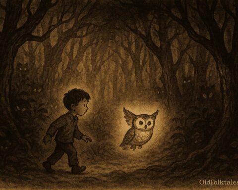 Parchment-style illustration of Diego following the Night Owl through a moonlit Mexican forest.