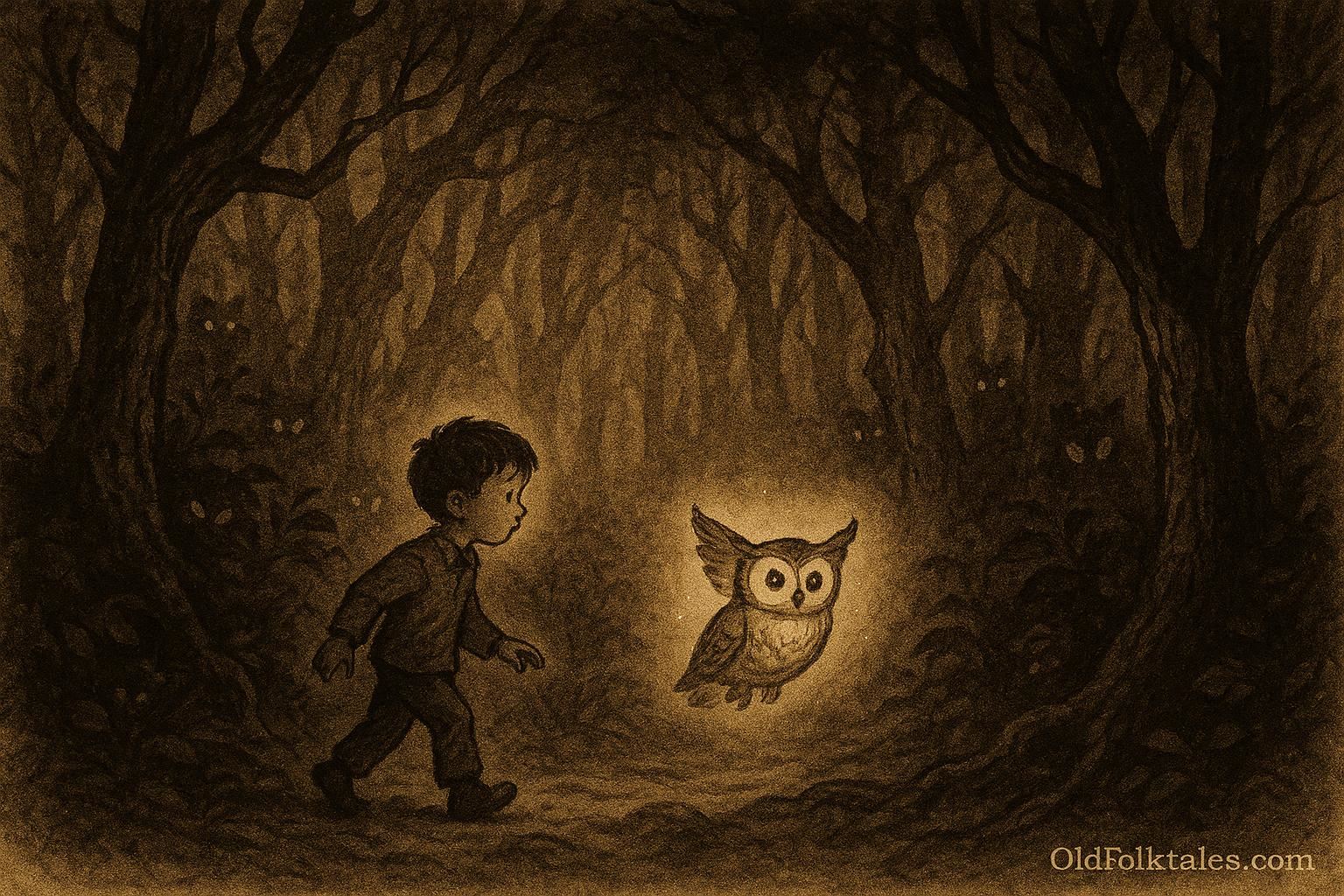 Parchment-style illustration of Diego following the Night Owl through a moonlit Mexican forest.