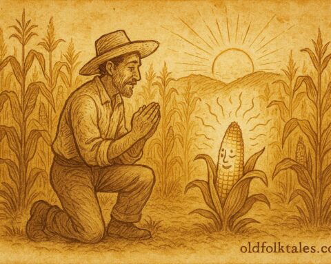 Parchment-style illustration of a farmer listening to a talking ear of corn, Mexican rural folktale scene.