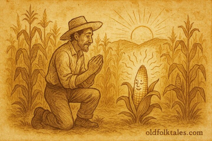 Parchment-style illustration of a farmer listening to a talking ear of corn, Mexican rural folktale scene.