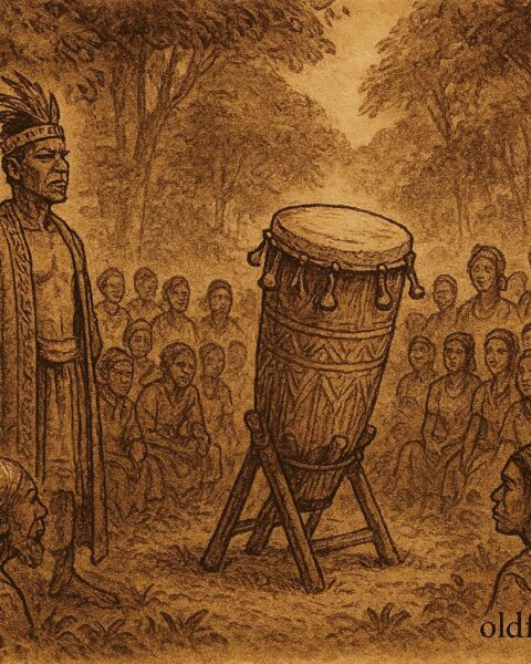 Parchment-style illustration of a sacred talking drum exposing truth, Brazilian folktale scene.