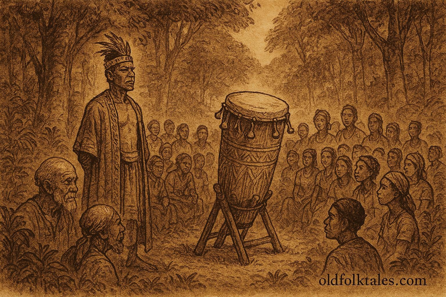 Parchment-style illustration of a sacred talking drum exposing truth, Brazilian folktale scene.