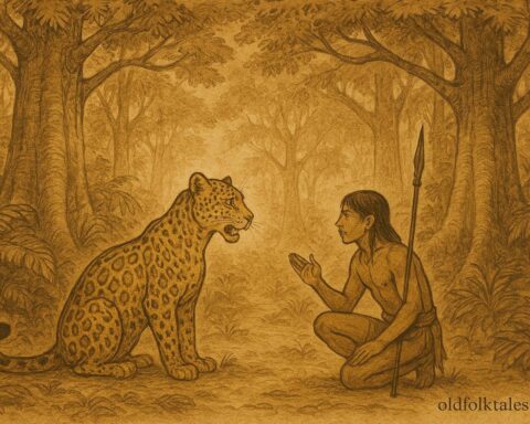 Parchment-style illustration of a jaguar speaking to a hunter, Spanish Colonial Latin American folktale.