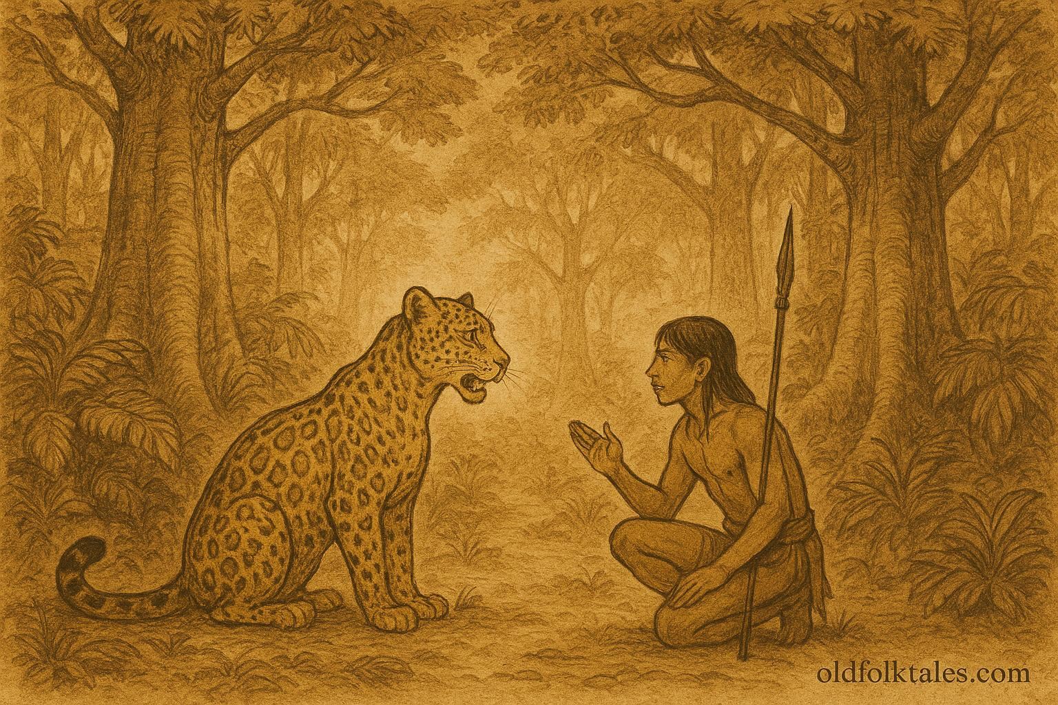 Parchment-style illustration of a jaguar speaking to a hunter, Spanish Colonial Latin American folktale.