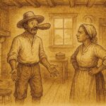 Parchment style illustration from a Haitian folktale showing a farmer with a wish granted sausage stuck to his face.