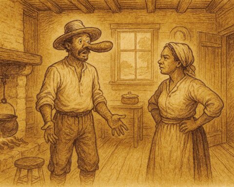 Parchment style illustration from a Haitian folktale showing a farmer with a wish granted sausage stuck to his face.