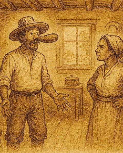 Parchment style illustration from a Haitian folktale showing a farmer with a wish granted sausage stuck to his face.