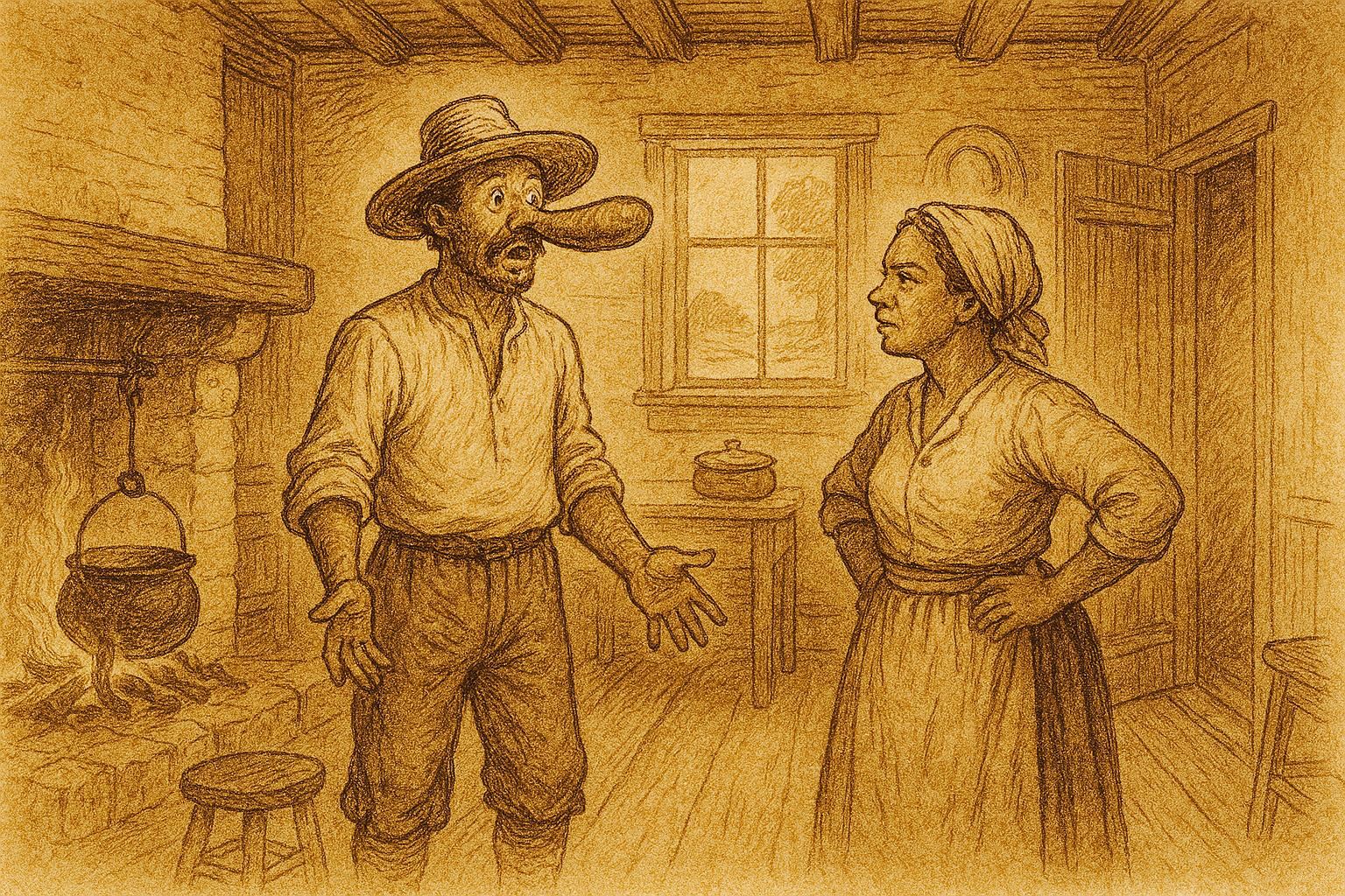 Parchment style illustration from a Haitian folktale showing a farmer with a wish granted sausage stuck to his face.