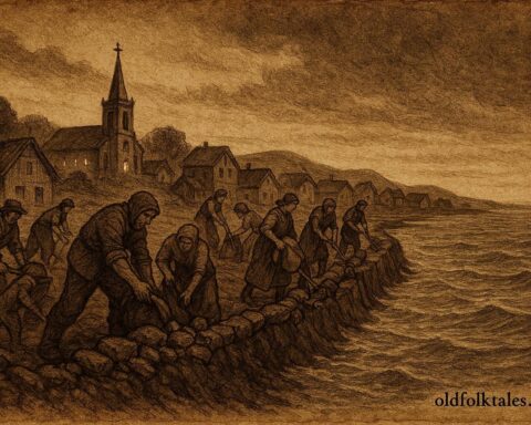 A rising tide approaching a coastal village, Maritime folklore from Nova Scotia.