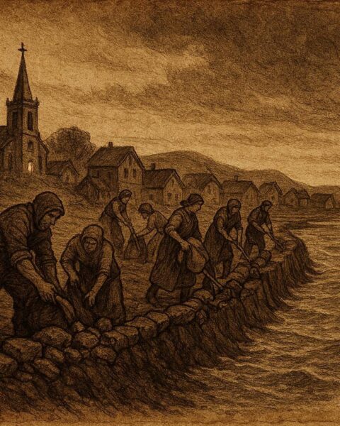 A rising tide approaching a coastal village, Maritime folklore from Nova Scotia.