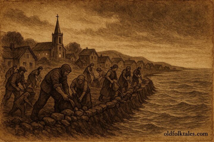 A rising tide approaching a coastal village, Maritime folklore from Nova Scotia.
