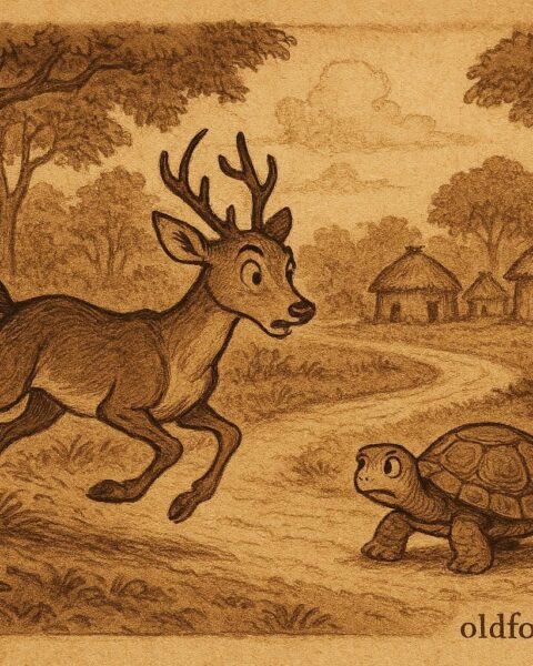 Parchment-style illustration of Tortoise outwitting Deer, Colombian folktale scene.