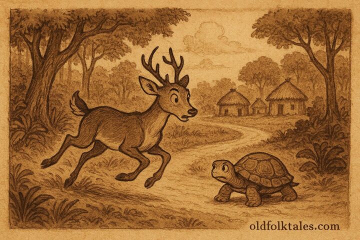 Parchment-style illustration of Tortoise outwitting Deer, Colombian folktale scene.