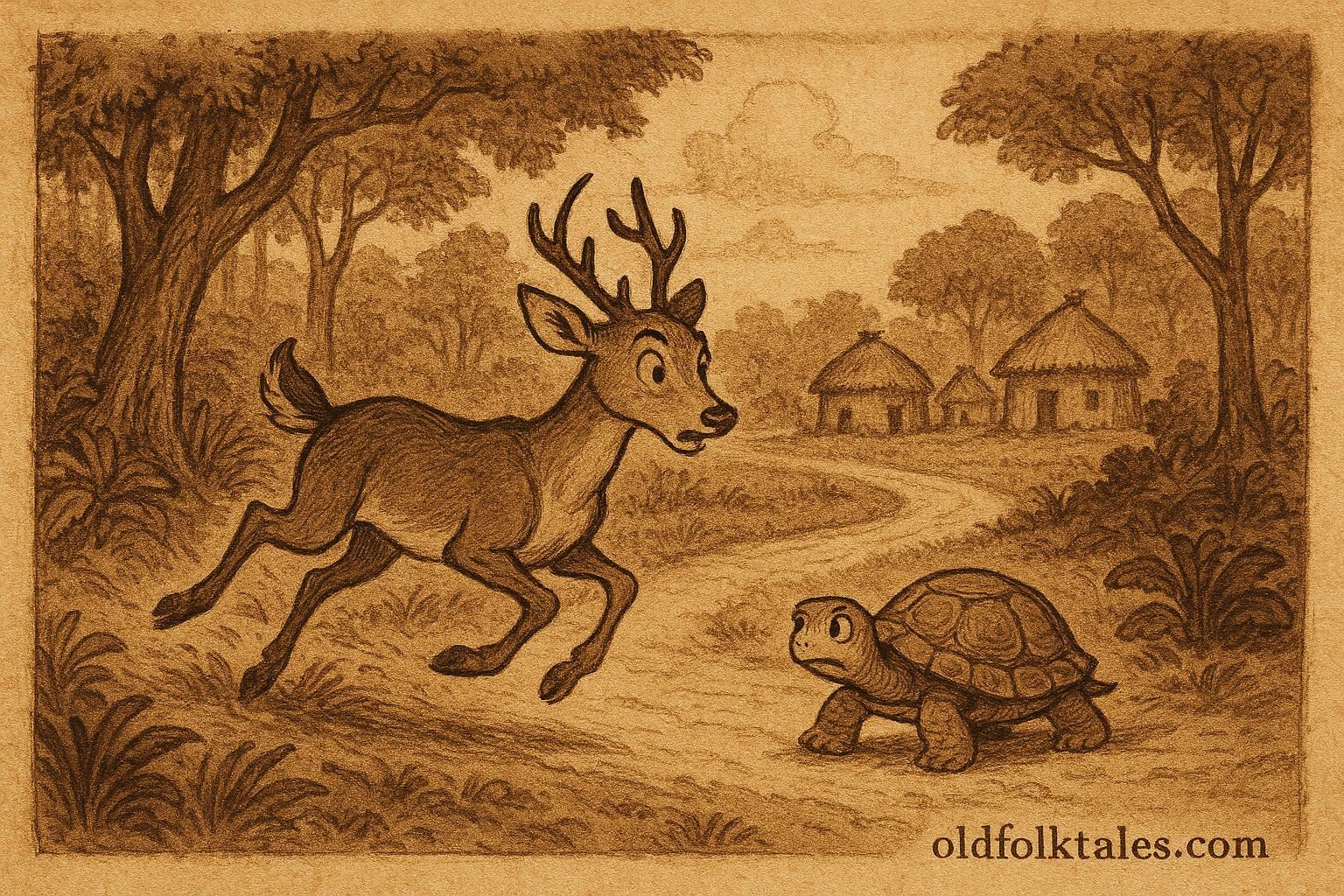 Parchment-style illustration of Tortoise outwitting Deer, Colombian folktale scene.