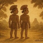 Maya twin brothers sharing one shadow, symbolizing balance and unity in Mesoamerican folklore.