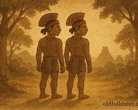 Maya twin brothers sharing one shadow, symbolizing balance and unity in Mesoamerican folklore.