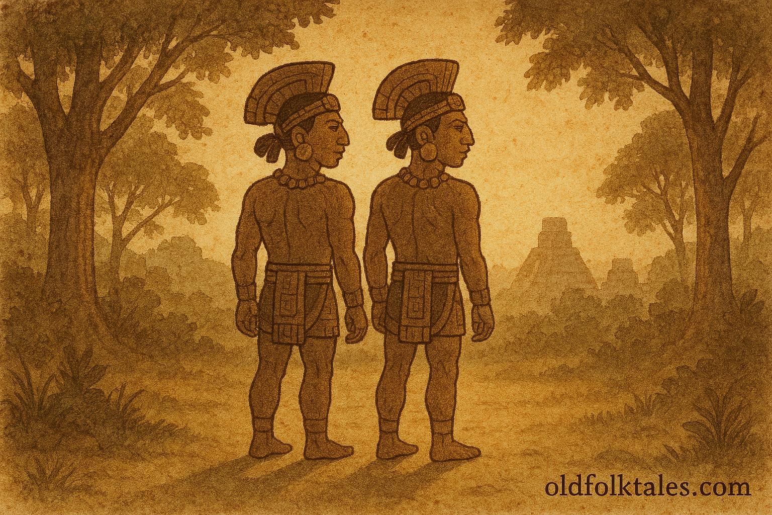Maya twin brothers sharing one shadow, symbolizing balance and unity in Mesoamerican folklore.