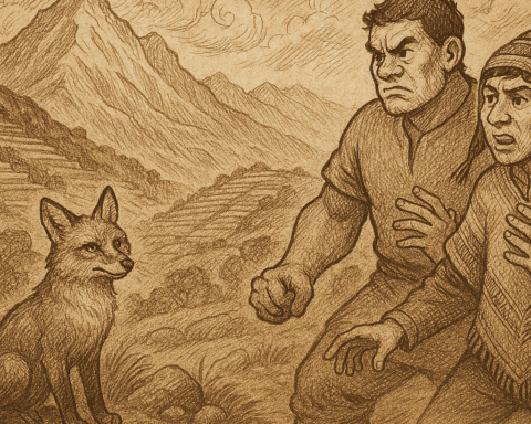 Sepia-toned parchment illustration of a Quechua folktale scene set in the Andes. In the foreground, a clever fox sits calmly on a rocky path, its bushy tail curled around its paws and eyes gleaming with intelligence. Facing the fox are two Andean brothers: Waman, muscular and stern, with clenched fists and a scowling expression; and Puma, lean and sly, wearing a patterned poncho and chullo hat, gesturing eagerly with raised hands. Behind them, terraced fields climb the mountain slopes, and swirling clouds drift above jagged peaks. “OldFolktales.com” is inscribed at the bottom right.
