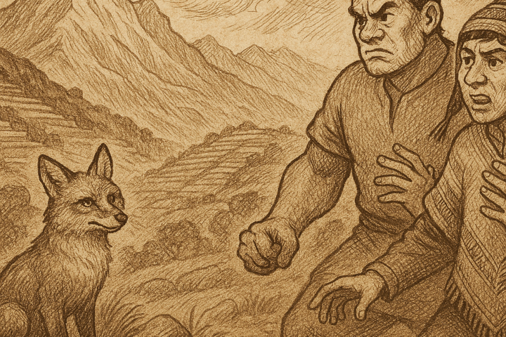 Sepia-toned parchment illustration of a Quechua folktale scene set in the Andes. In the foreground, a clever fox sits calmly on a rocky path, its bushy tail curled around its paws and eyes gleaming with intelligence. Facing the fox are two Andean brothers: Waman, muscular and stern, with clenched fists and a scowling expression; and Puma, lean and sly, wearing a patterned poncho and chullo hat, gesturing eagerly with raised hands. Behind them, terraced fields climb the mountain slopes, and swirling clouds drift above jagged peaks. “OldFolktales.com” is inscribed at the bottom right.
