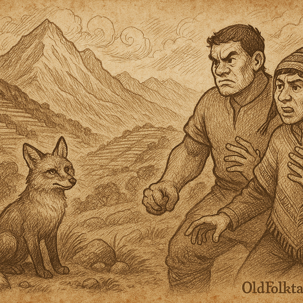 Sepia-toned parchment illustration of a Quechua folktale scene set in the Andes. In the foreground, a clever fox sits calmly on a rocky path, its bushy tail curled around its paws and eyes gleaming with intelligence. Facing the fox are two Andean brothers: Waman, muscular and stern, with clenched fists and a scowling expression; and Puma, lean and sly, wearing a patterned poncho and chullo hat, gesturing eagerly with raised hands. Behind them, terraced fields climb the mountain slopes, and swirling clouds drift above jagged peaks. “OldFolktales.com” is inscribed at the bottom right.