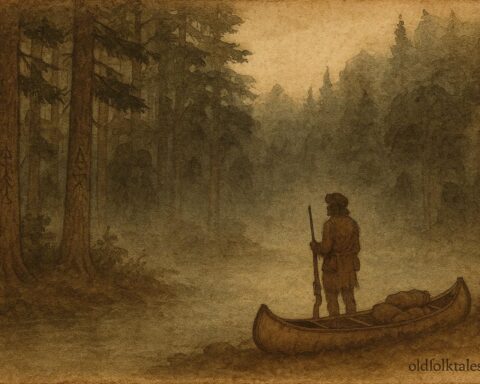A fur trader disappearing near sacred forest land, French-Canadian folktale scene.
