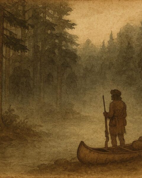 A fur trader disappearing near sacred forest land, French-Canadian folktale scene.