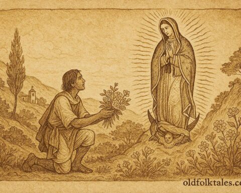 Parchment-style illustration of the Virgin of Guadalupe appearing in colonial Mexico.