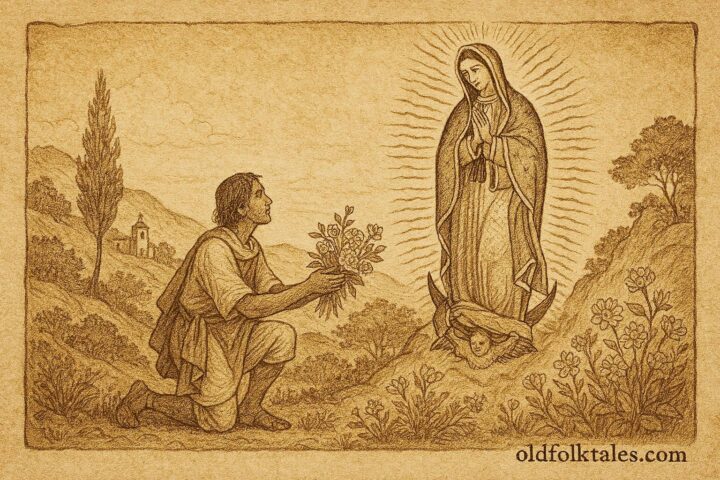 Parchment-style illustration of the Virgin of Guadalupe appearing in colonial Mexico.