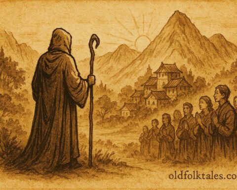Parchment-style illustration of a wandering monk aiding villagers, Spanish Colonial folktale.