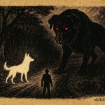 Parchment-style art of the glowing White Cadejo and chained Black Cadejo spirit dogs in Belizean folklore.