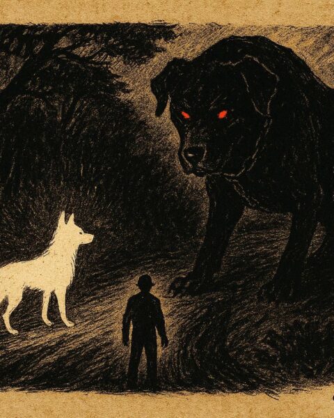 Parchment-style art of the glowing White Cadejo and chained Black Cadejo spirit dogs in Belizean folklore.