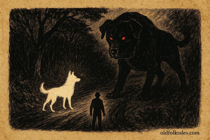 Parchment-style art of the glowing White Cadejo and chained Black Cadejo spirit dogs in Belizean folklore.