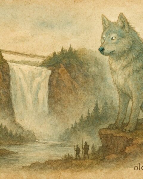 A mystical wolf guarding Montmorency Falls, French Canadian folktale scene.