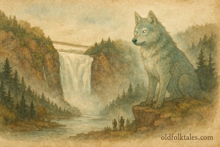 A mystical wolf guarding Montmorency Falls, French Canadian folktale scene.