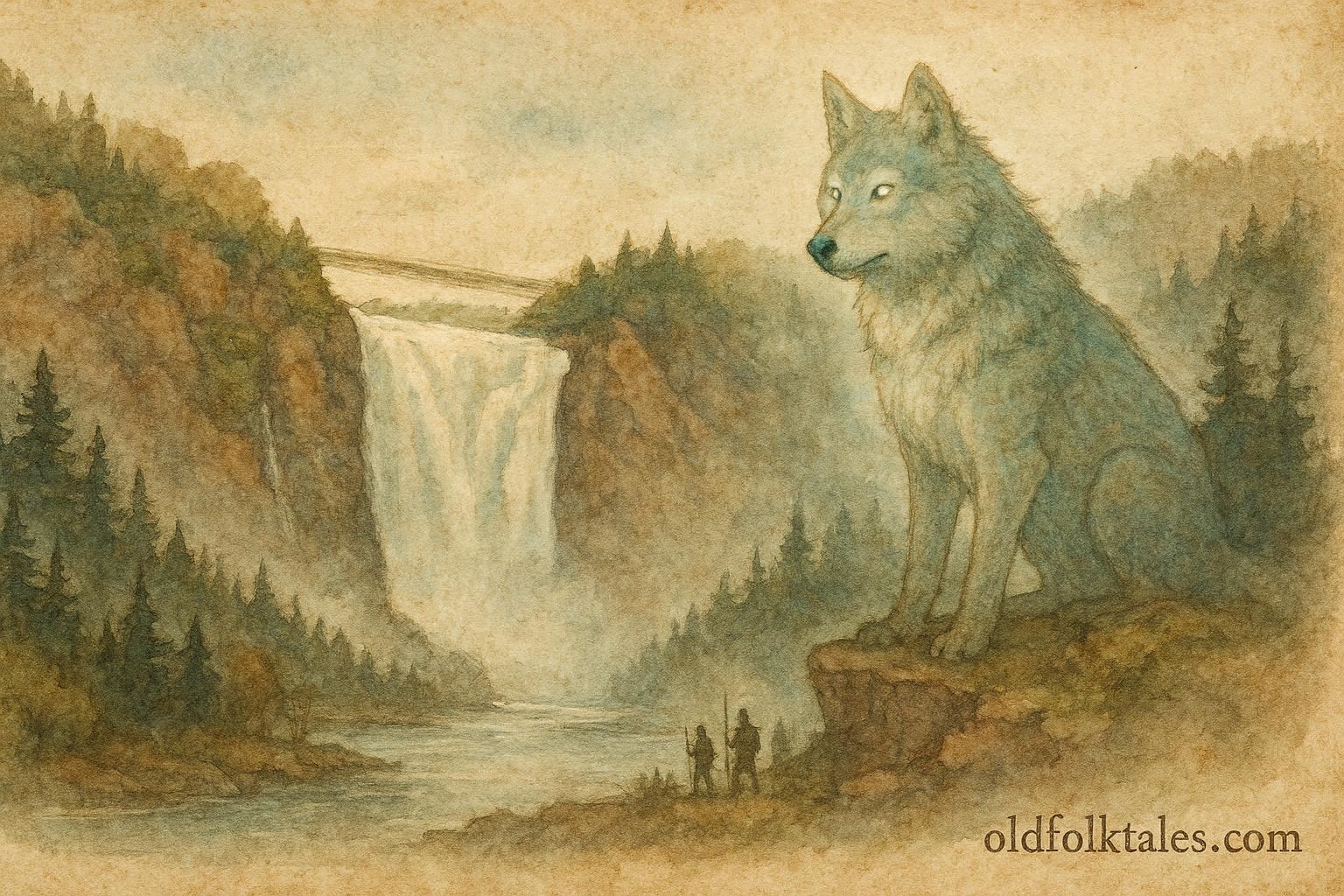 A mystical wolf guarding Montmorency Falls, French Canadian folktale scene.