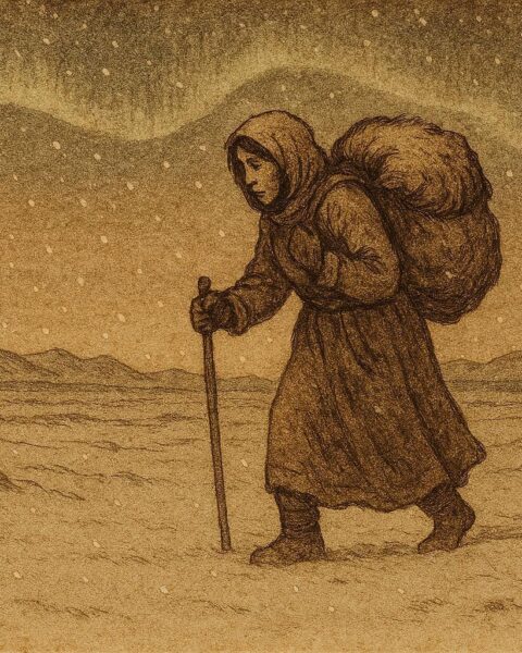 A woman carrying winter across snowy land, Innu folktale from Canada.