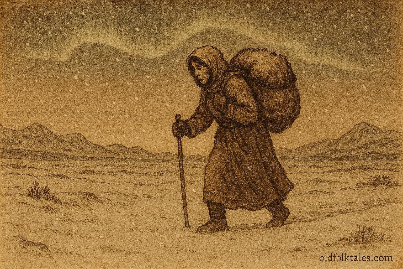 A woman carrying winter across snowy land, Innu folktale from Canada.