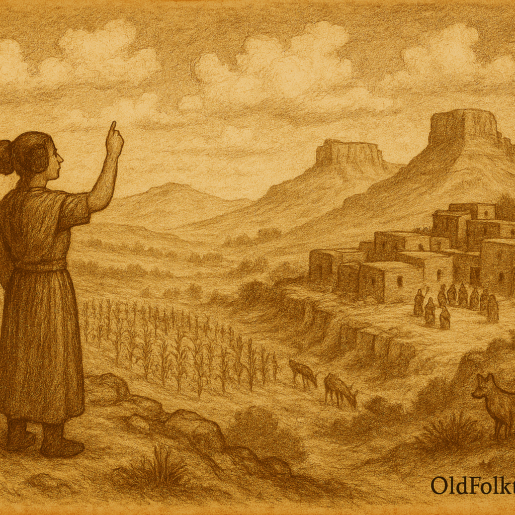 Sepia-toned illustration on aged rice parchment depicting a Hopi woman standing on a high Arizona mesa, pointing toward drifting clouds in a vast sky. Below her, dry cornfields stretch across the valley. To the right, villagers gather in a ceremonial plaza among adobe buildings, preparing for a rain dance. Towering mesas rise in the background, symbolizing the Hopi teaching that humility and ceremony—not calculation—sustain rain. "OldFolktales.com" is inscribed at the bottom right corner.